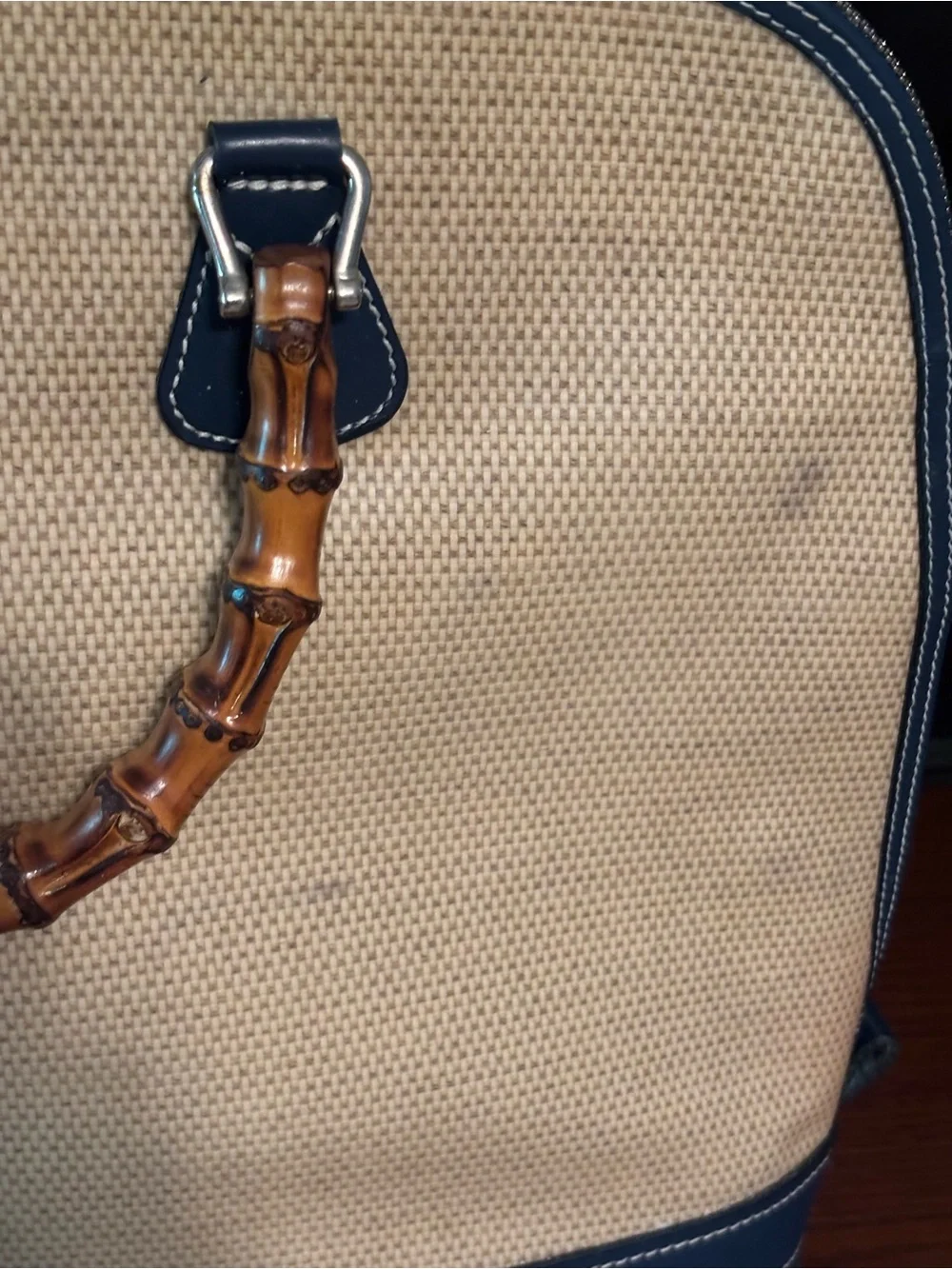 Dooney & Bourke Beige Woven Satchel with Brown Bamboo Handles and Navy Trim